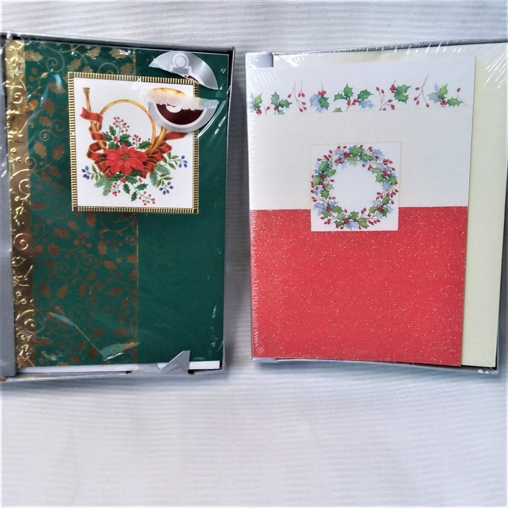 Christmas Cards 2 Boxes VTG with Envelopes Greeting Glitter Foil Wreath Gold